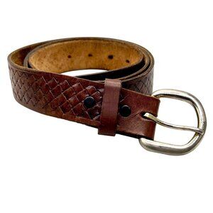 Vintage Western Basket Weave Brown Tooled Leather Belt 36 38 Brass-Plated Buckle